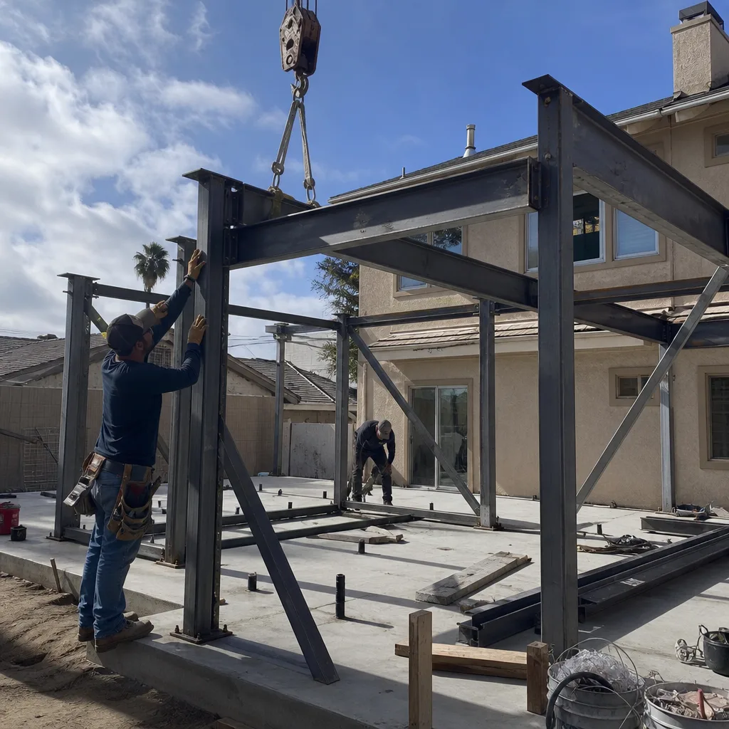Workers assembling steel structural framing for a custom backyard ADU construction project