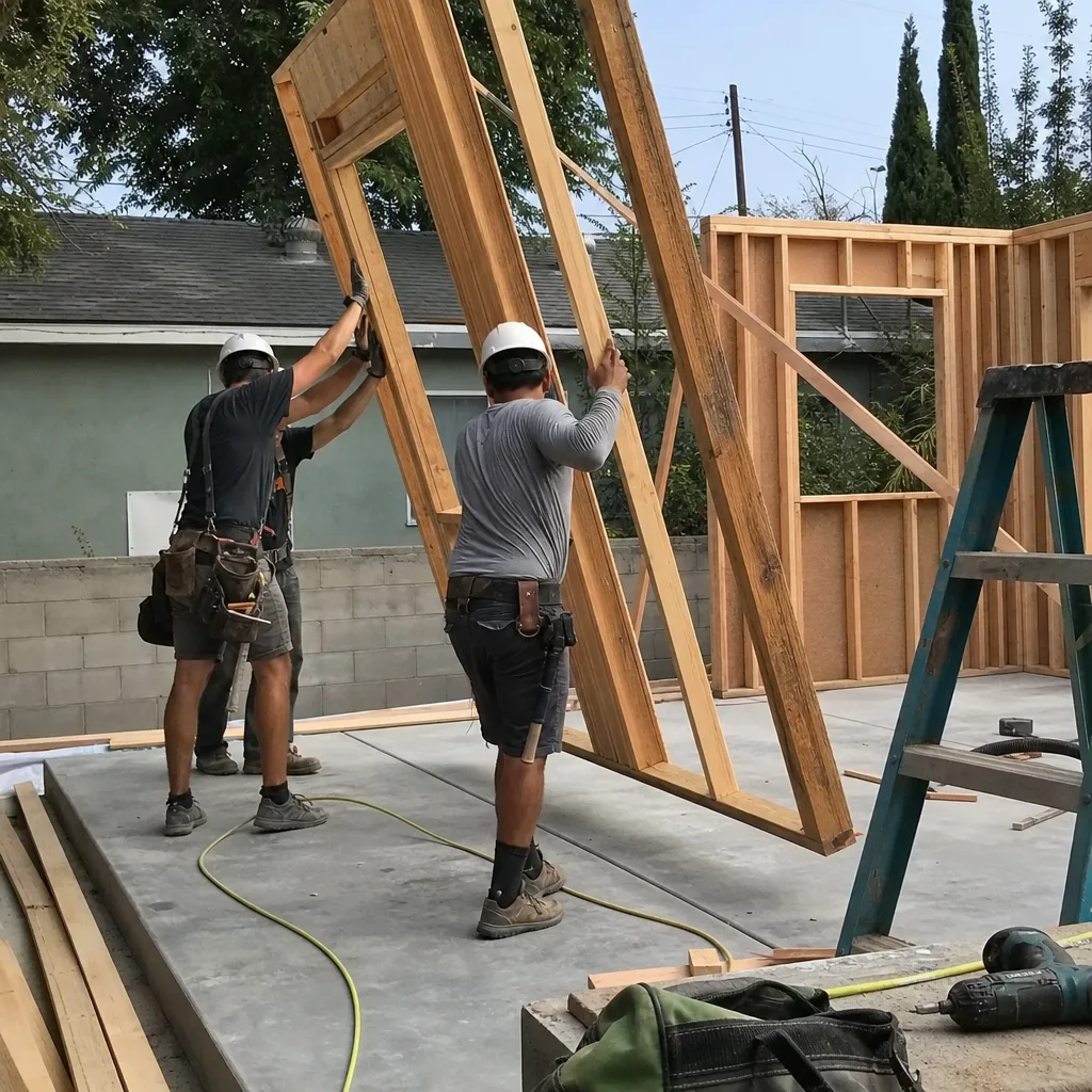 Two construction workers installing a wooden wall frame for an ADU. in Orange County, CA