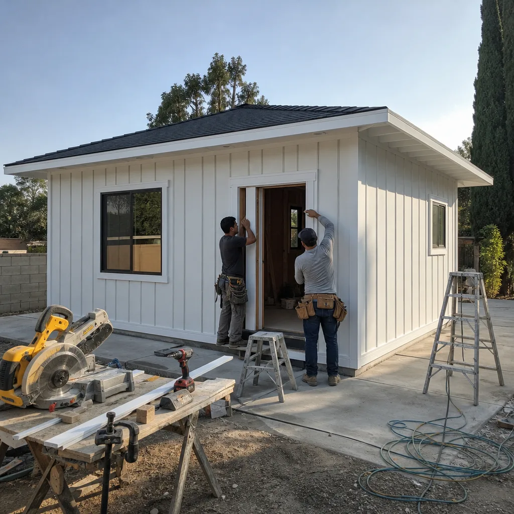 Two construction workers installing a door frame on a modern ADU