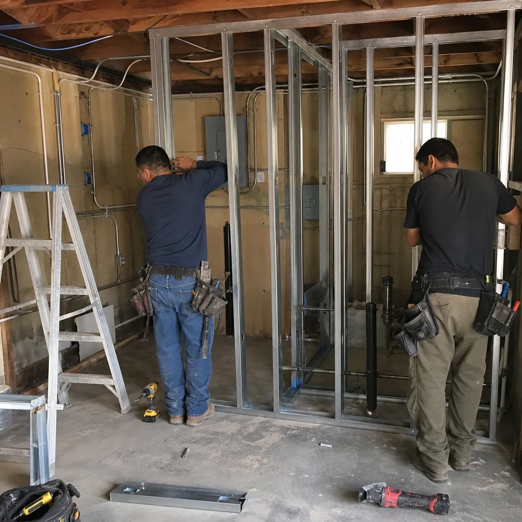 Two professional contractors installing metal wall studs for a garage conversion