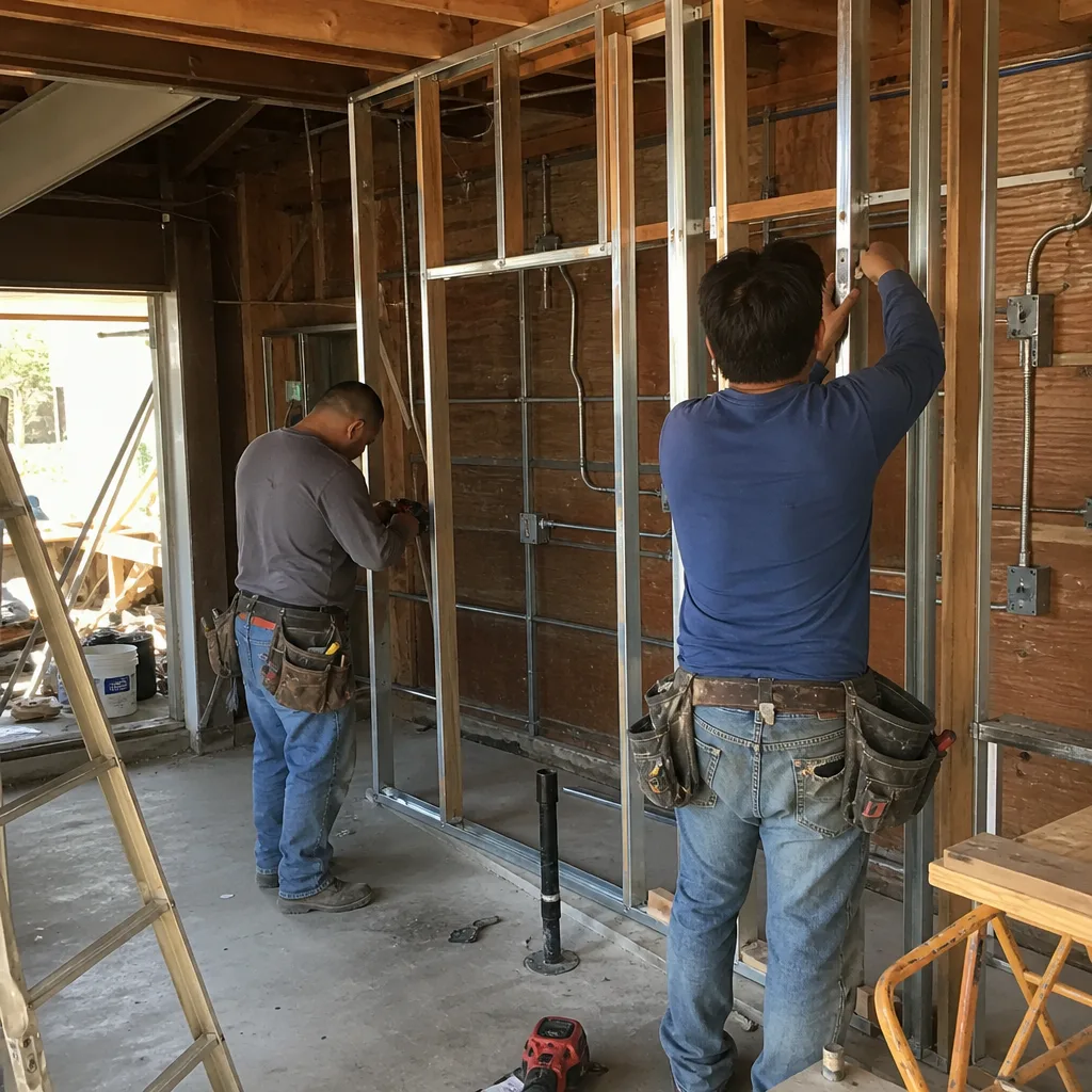 Two construction contractors installing metal framing for a garage conversion project.