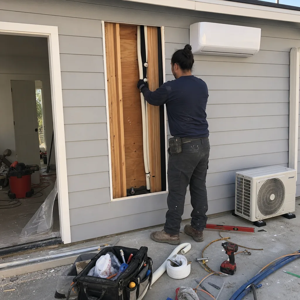 Contractor installing ductless HVAC refrigerant lines during a garage conversion project.