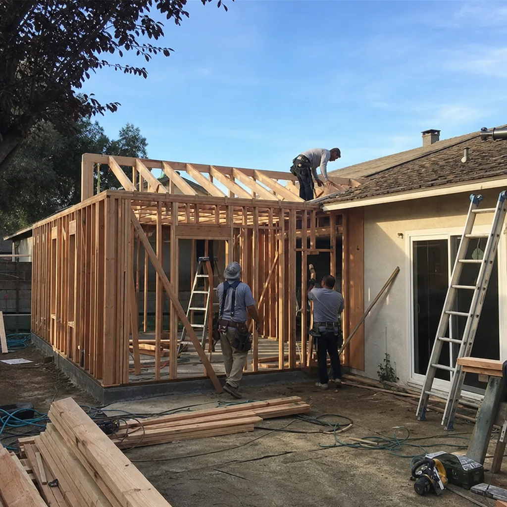 construction crew framing a new home addition on a residential property