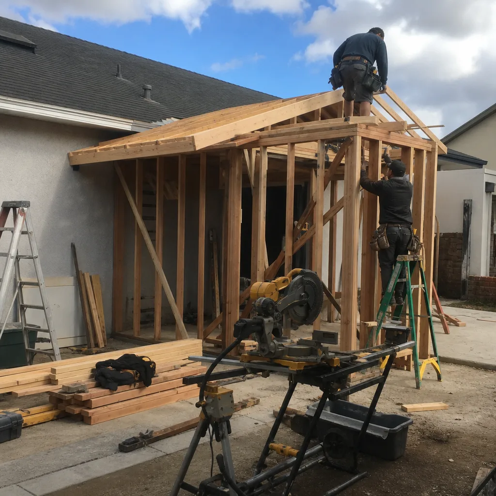 Contractors building wooden frame structure for home addition construction project