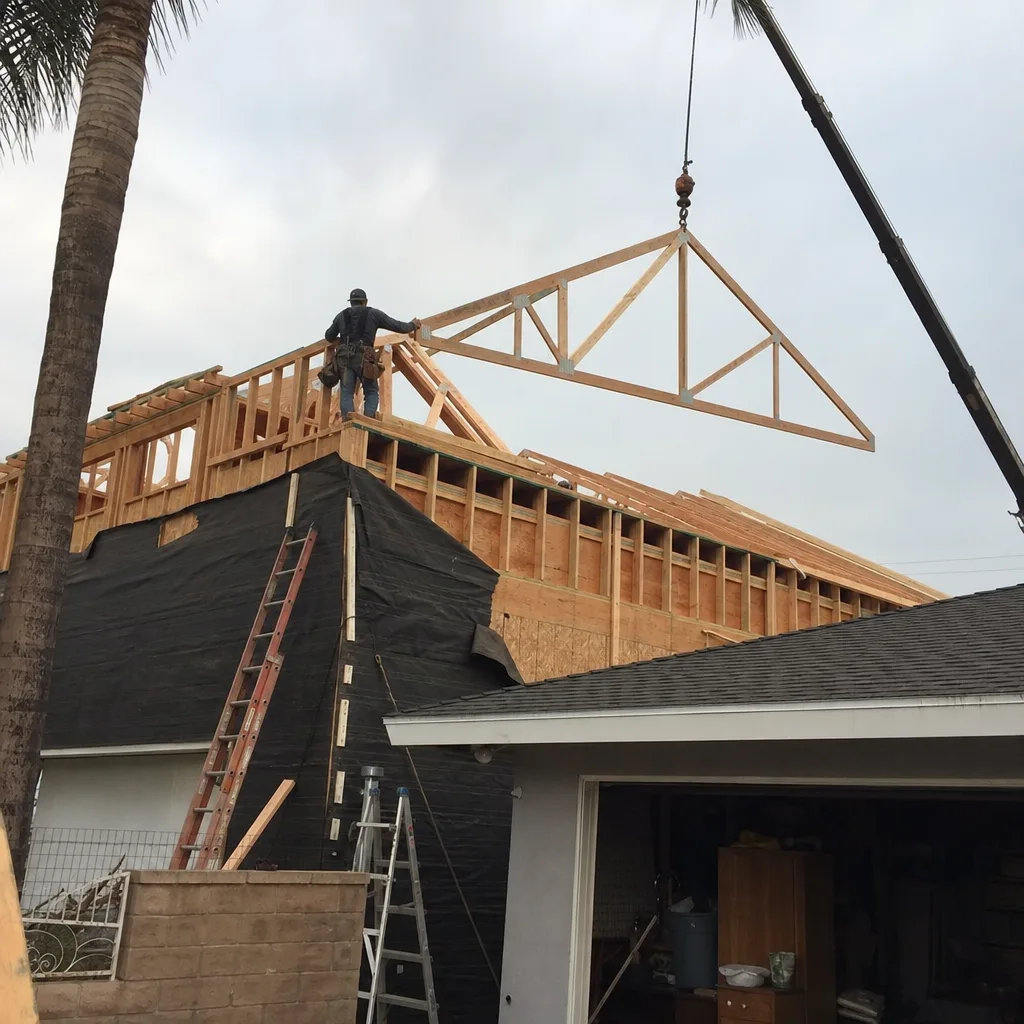 Contractor installing roof trusses on a home addition project with crane