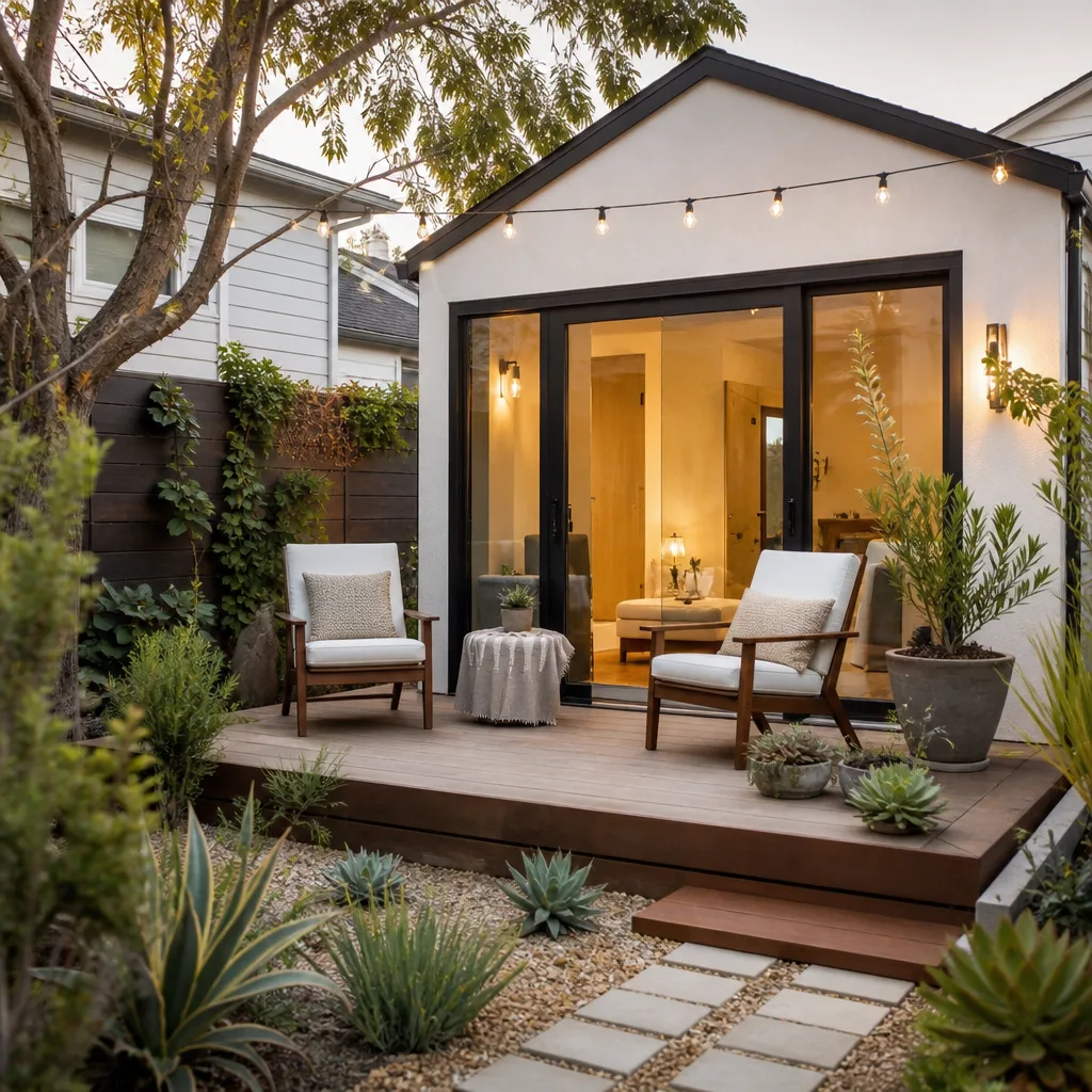 A small deck outside a new ADU