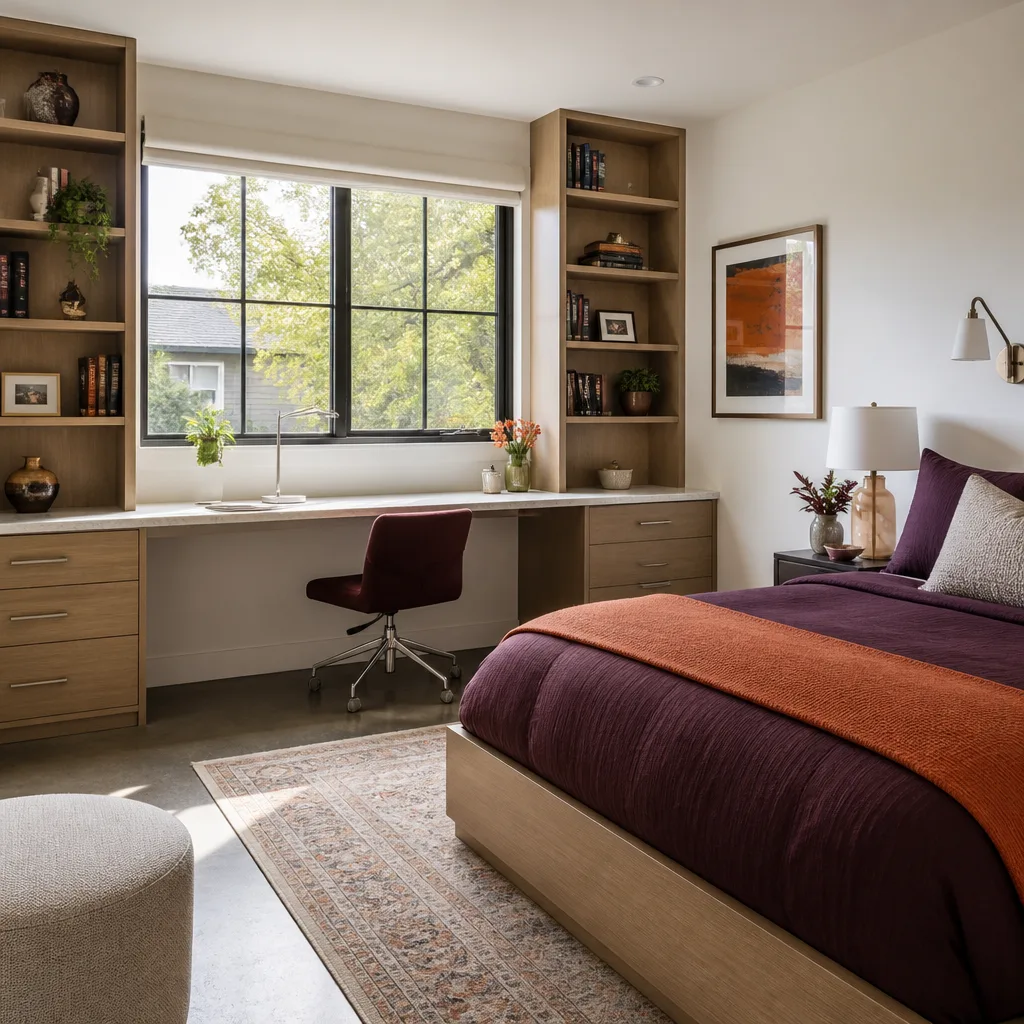 A bedroom and desk inside a converted garage