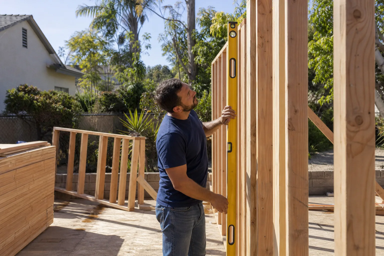 A framer checking new wall framing on a home addition